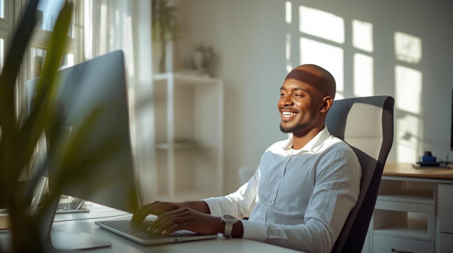 A bright home office scene showing confident Windows computer use without visible screens.